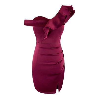 聚脂纤维纯色单肩荷叶边连衣裙