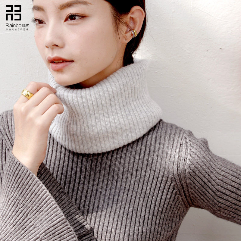 新款H6DQ润帛 韩版山羊绒脖套女秋冬季套头 针织条纹护颈小围脖纯