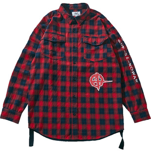 Guuka潮牌格子衬衫男长袖 青少年日系拼接街舞Hiphop纯棉衬衫外套