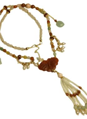 小饰玲珑 珍珠红翡蝴蝶软璎珞汉服配饰日常百搭古风旗袍短项链