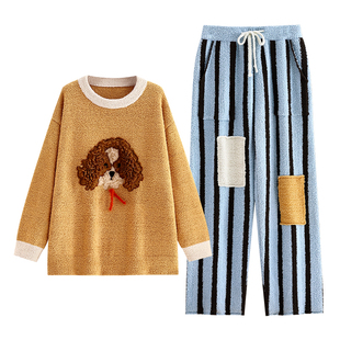 悦内半边绒睡衣女士冬季秋冬珊瑚绒保暖毛绒绒家居服可爱小狗套装