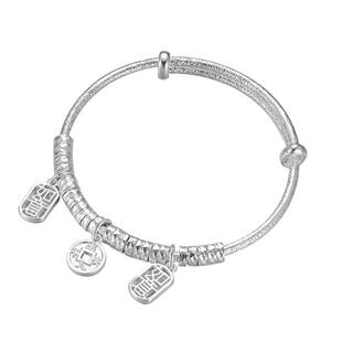 九乐足银999银手镯女纯银出入平安如意推拉手镯万贯盘缠镯子送礼