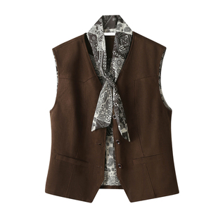 高端欧货麂皮绒马甲外套女春秋季韩版修身显瘦丝巾短款马夹背心潮