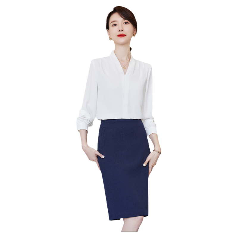 诗璐雅V领白衬衫长袖工作服春秋