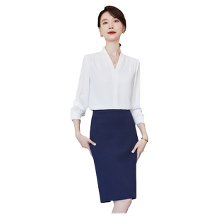 诗璐雅V领白衬衫女长袖西裙套装2026春季时尚新款白领职业工作服