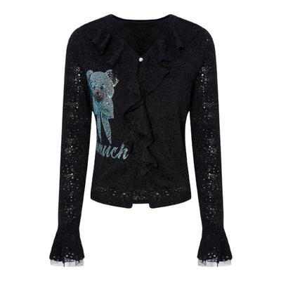 TCH法式V领荷叶边打底衫女时尚烫钻黑色蕾丝修身上衣T75D02E5009