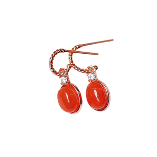 天然南红玛瑙冰红料蛋面925纯银镶嵌款耳钉耳坠 女南红耳饰简约款