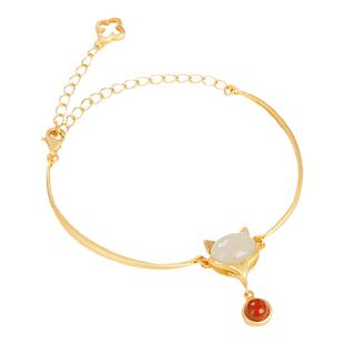 小银匠纯银古法金和田玉狐狸手链女国风金镶玉轻奢小众金包银手镯