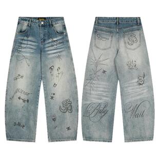 local aliens外星沙龙美式复古涂鸦印花牛仔裤宽松休闲阔腿长裤