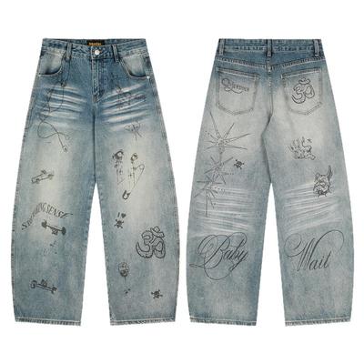 local aliens外星沙龙美式复古涂鸦印花牛仔裤宽松休闲阔腿长裤