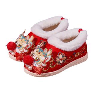 女童汉服鞋子加绒棉鞋冬天拜年服配鞋儿童中国风表演出古装绣花鞋