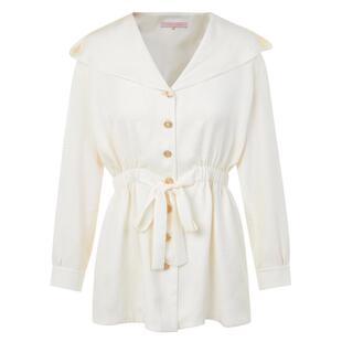 LIME莱茵年早春新款奶油风连帽衬衫俏皮松紧腰收腰长袖休闲上衣