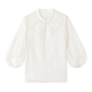 秋水伊人新中式雪纺衫2026夏季新款女装休闲通勤国风立领刺绣上衣