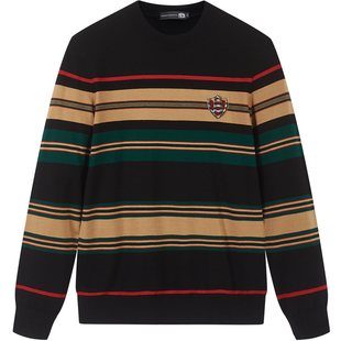 BM欧洲站复古撞色条纹毛衣男ins潮牌男士针织打底衫圆领秋装上衣