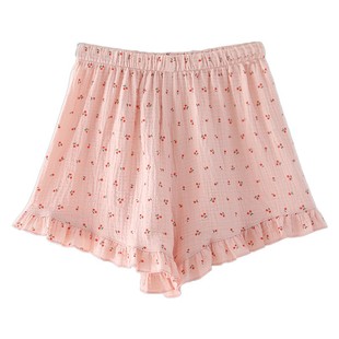 夏薄款纯棉纱布家居睡裤宽松荷叶边樱桃印花泡泡棉全棉居家短裤女