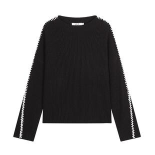 LILY2025冬新款女装羊毛混纺撞色立体线条套头圆领黑色针织衫毛衣