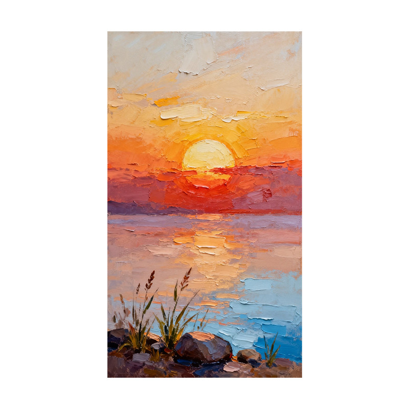 可班手绘油画日出湖景玄关装饰画