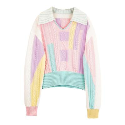 新品翻领撞色多巴胺羊绒套头衫