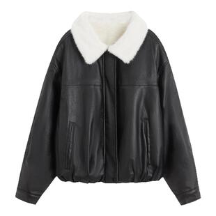 ESPRIT/埃斯普利特黑色皮草一体羊羔毛领皮衣女秋冬高级夹克外套