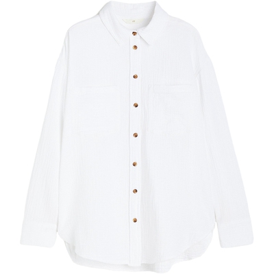 HM女装衬衫春季都市慵懒氛围感翻领通勤落肩法式慵懒衬衣1122102