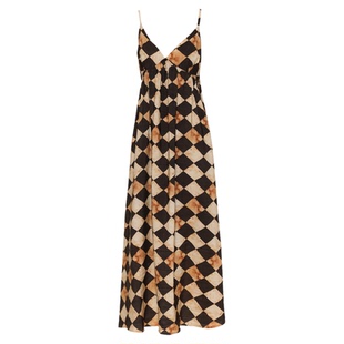 APOZi collection【博弈山水】原创文艺风天丝连衣裙棋盘格吊带裙