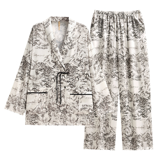 家乐芬睡衣女士春秋款秋季冰丝绸长袖家居服高级感日式和服水墨画