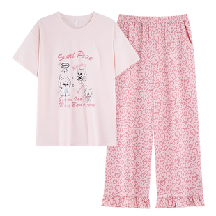 全棉睡衣女款甜美卡通豹纹短袖长裤带胸垫夏季纯棉套头家居服套装