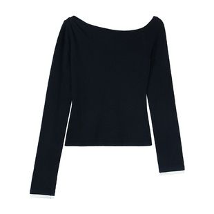 NEVA HU 摩登基因|设计感斜肩长袖t恤针织衫女修身气质露肩上衣