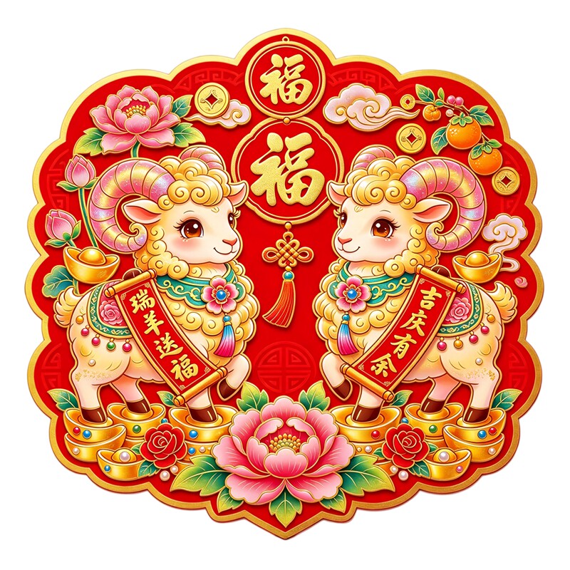 花边形三羊开泰墙贴福字牡丹元宝橘子国风剪纸风新春防水装饰贴纸