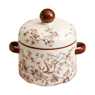 漫时光鹊跃枝头双耳碗一人份隔水炖瓦罐汤炖盅家用陶瓷带盖多功能