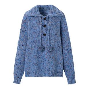 【明星同款】LEDIM WANG花纱阔形套头蓝色毛衣女冬季新款慵懒风