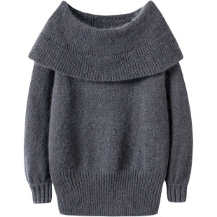 震撼到了！2024秋冬 羊绒衫女黑灰一字肩翻领长袖针织羊绒毛衣