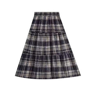 慵懒风毛呢格子裙秋冬大码胖mm遮胯显瘦a字半身裙中长款蛋糕裙