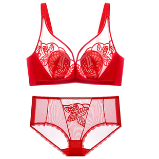 马本命年中国大红色内衣女超薄款显胸小蕾丝文胸套装聚拢上托胸罩