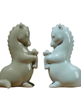 范晓妍财福双驹马年吉祥汝瓷摆件