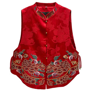 新中式红色立领刺绣复古风马甲女单排扣流苏摆时尚百搭坎肩外套