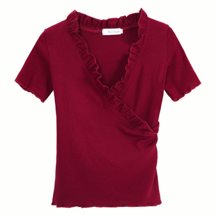 女人味交叉V领低胸性感上衣女修身显瘦绑带高腰短款紧身漏胸T恤夏