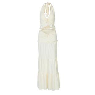 欧美风性感辣妹时尚套装女 V领挂脖吊带背心高腰拼接长裙子两件套