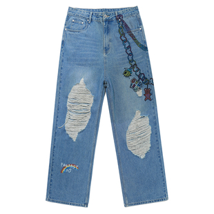 GUUKA潮牌美式破洞牛仔裤男款春季 高街直筒裤吊链印花阔腿裤宽松