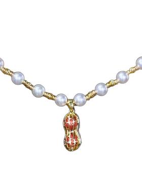 红色水晶花生吊坠仿珍珠项链女