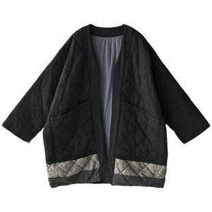 包邮F26515 文艺休闲布衣范V领拼色菱格绗缝亚麻无扣中长款棉衣女