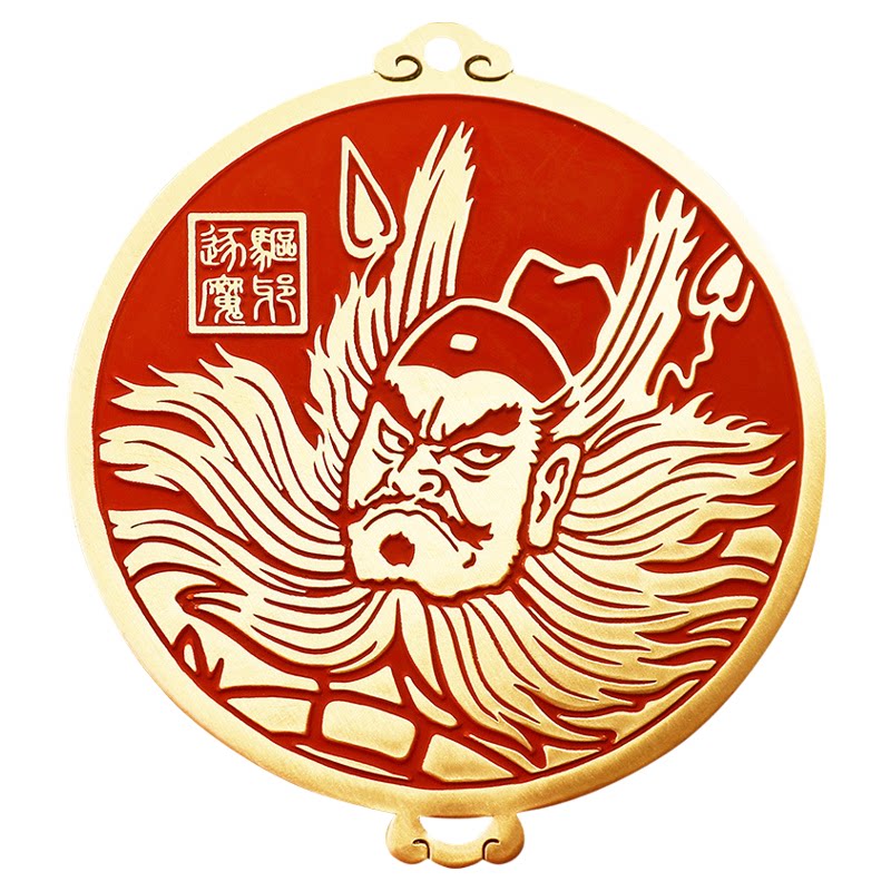 纯黄铜天师钟馗神像挂牌道家纹样紫薇讳五雷牌随身玄关工艺摆件