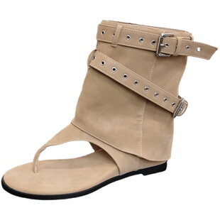复古辣妹夹趾凉靴女夏2026年新款带皮带扣镂空罗马靴显瘦平底凉鞋