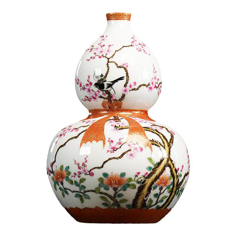 子成窑景德镇插花花瓶粉彩描金喜上眉梢丝带葫芦瓶客厅家居摆件