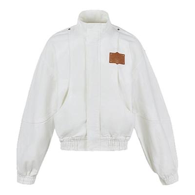 455emble白色廓形牛仔丹宁男外套重工贴布绣立体皮牌立领牛仔夹克