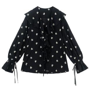 KEIKO 层叠荷叶边碎花长袖衬衫26春季法式系带V领显瘦上衣防晒衫