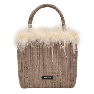 [7折]Sei Carina Y羽毛花边方型水桶包个性设计手提手拎包包女