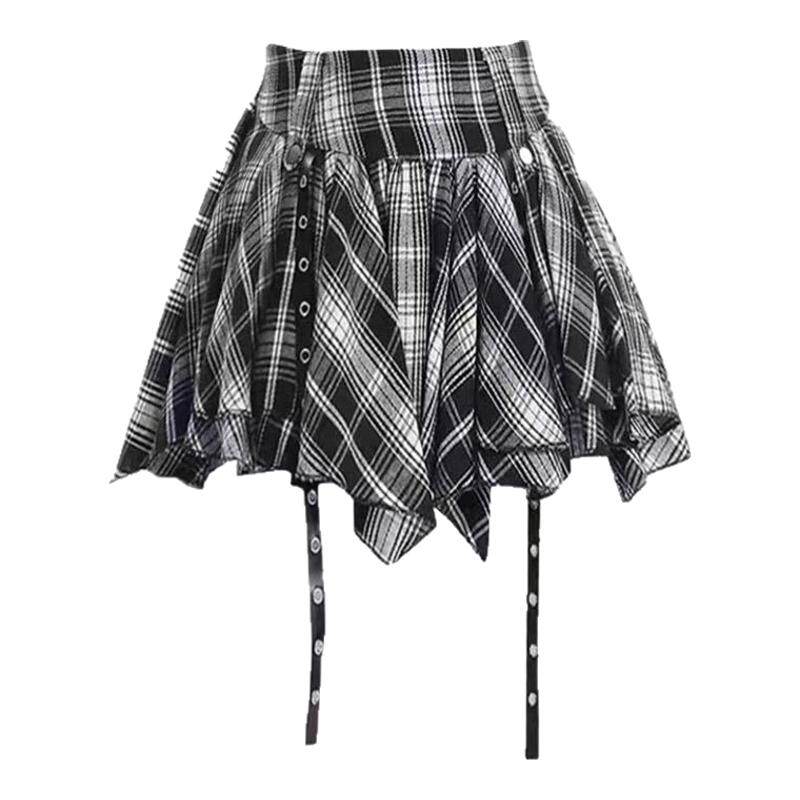 复古亚文化黑白格不规则短裙半身裙y2k辣妹蓬蓬蛋糕裙女百褶短裙