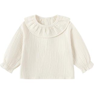 babylove女宝宝长袖T恤秋冬纯棉纱布花边领纯色百搭长袖法式上衣