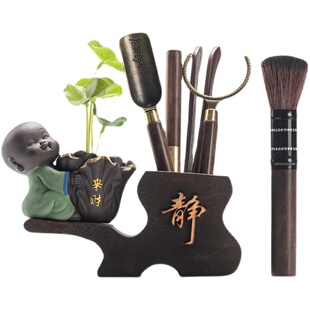 创意紫砂小和尚花器茶具茶道配件家用简约黑檀木茶勺茶夹子零配件